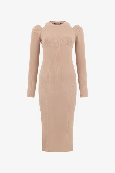 Roberto Cavalli Beige Cut-out Ribbed Midi Dress In Neutral