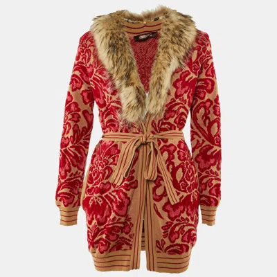 Pre-owned Roberto Cavalli Beige/red Floral Jacquard Knit Detachable Fur Collar Cardigan M