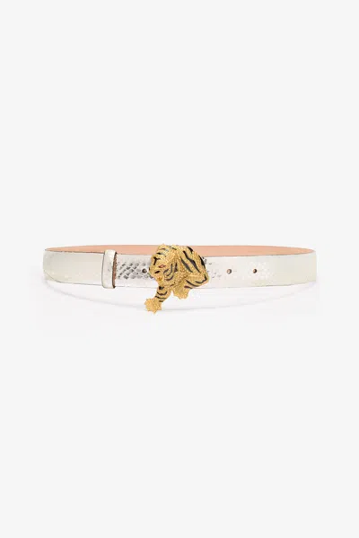 Roberto Cavalli Belt With Snake Print And Jewel Tiger Detail In Silver