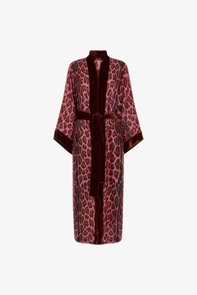 Roberto Cavalli Belted Coat With Leopard Print In Fuchsia