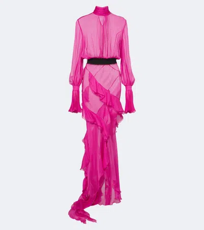 Roberto Cavalli Belted Ruffled Sheer Silk Gown In Pink