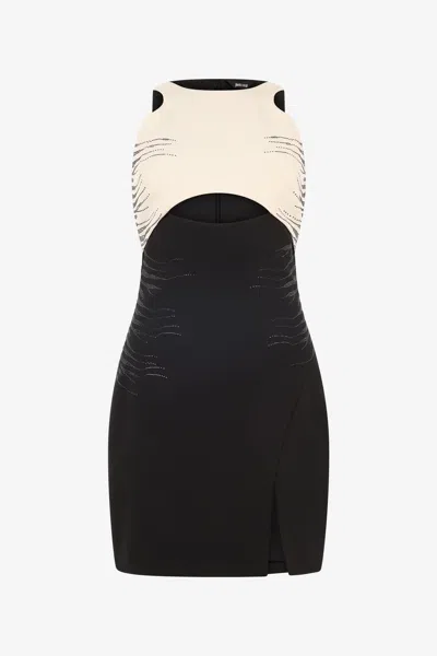 Roberto Cavalli Bicolor Mini Dress With Cut-outs In Black/ivory