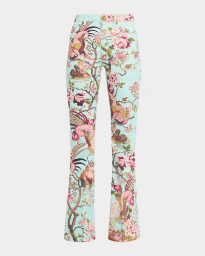 ROBERTO CAVALLI BIRD-PRINT FLARED STRETCH COTTON TROUSERS