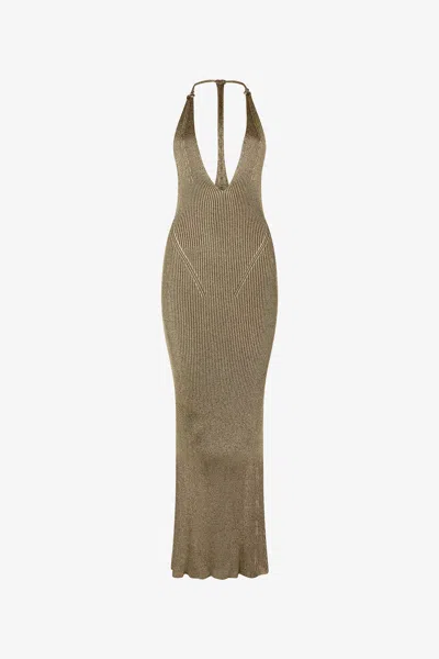 Roberto Cavalli Black And Gold Ribbed Maxi Dress With Snake Motif In Brown