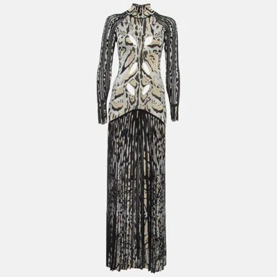 Pre-owned Roberto Cavalli Black And Metallic Patterned Knit Long Dress S