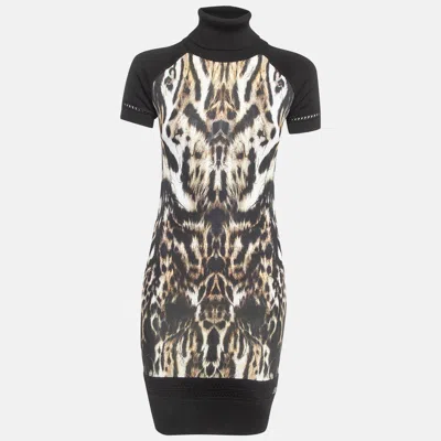 Pre-owned Roberto Cavalli Black Animal Print Knit Turtleneck Sweater Dress S