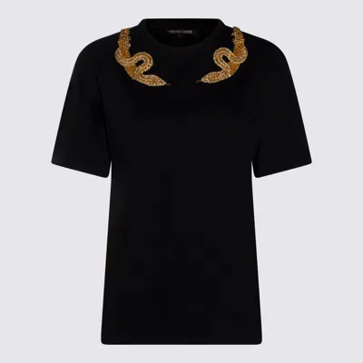 Roberto Cavalli Black T-shirt With Snake Embroidery