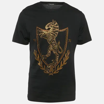 Pre-owned Roberto Cavalli Black Crest Crystal Embellished Cotton Knit T-shirt L