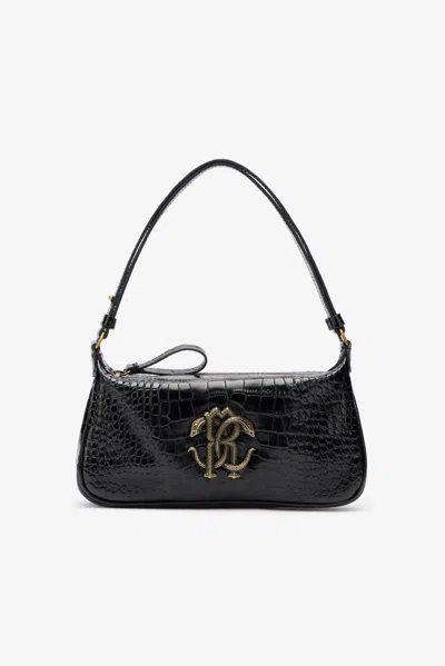 Roberto Cavalli Black Croc-effect Shoulder Bag With Mirror Snake Monogram