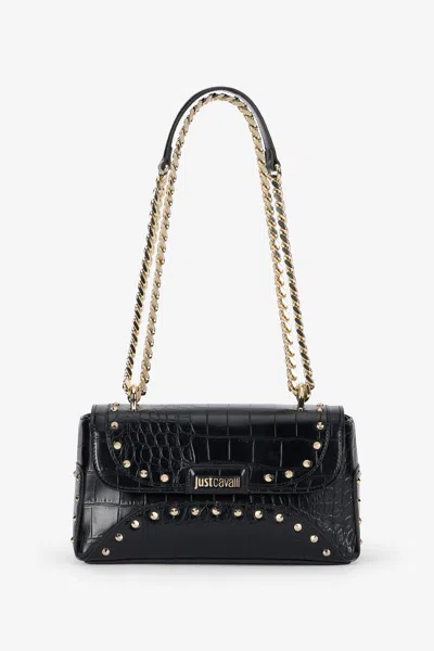 Roberto Cavalli Black Croc-effect Studded Shoulder Bag