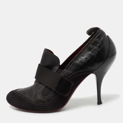Pre-owned Roberto Cavalli Black Croc Embossed Leather And Suede Ankle Length Booties Size 37