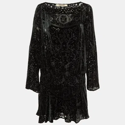 Pre-owned Roberto Cavalli Black Devore Elasticated Waist Detail Mini Dress M