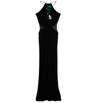 Pre-owned Roberto Cavalli Black Embellished Mesh Trimmed Jersey Maxi Dress M