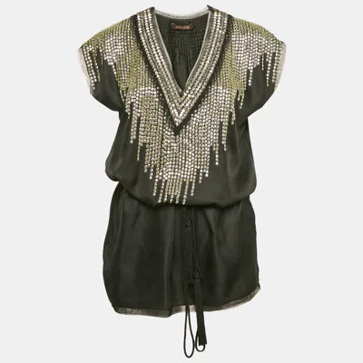 Pre-owned Roberto Cavalli Black Embellished Silk Tie-up Detail Kaftan Top S