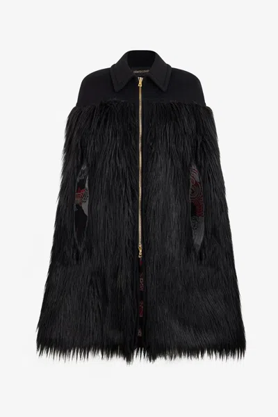 Roberto Cavalli Black Faux Fur Cape With Zip