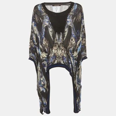 Pre-owned Roberto Cavalli Black Feather Print Silk Kaftan Blouse L