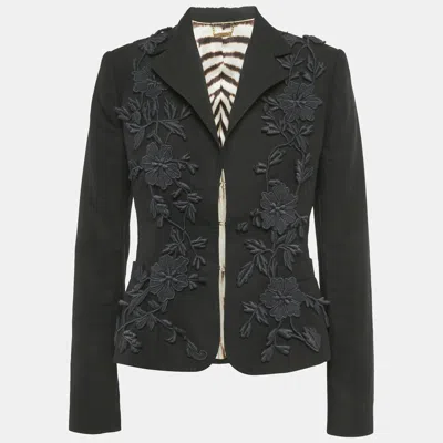 Roberto Cavalli Black Floral Applique Linen Blend Blazer
