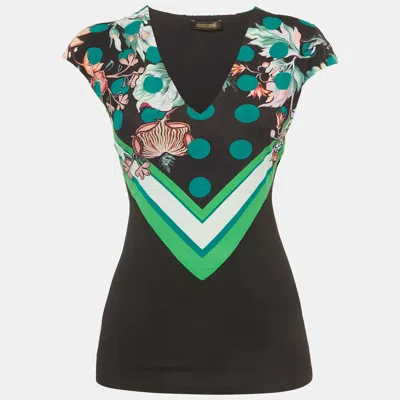 Pre-owned Roberto Cavalli Black Floral Print Jersey Cap Sleeve Top S