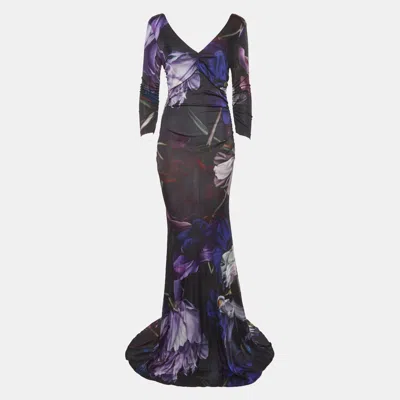 Roberto Cavalli Black Floral Print Jersey Maxi Dress In Purple