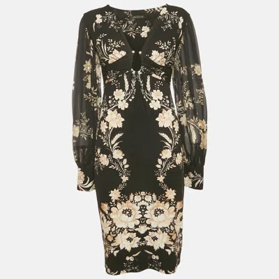 Pre-owned Roberto Cavalli Black Floral Print Jersey Ruche Neck Short Dress L