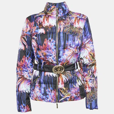 Pre-owned Roberto Cavalli Black Floral Print Nylon Puffer Down Jacket L