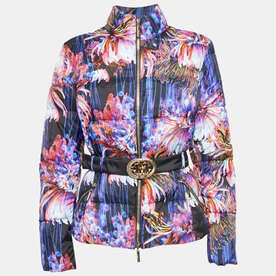 Roberto Cavalli Black Floral Print Nylon Puffer Down Jacket In Multi