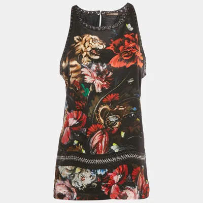 Roberto Cavalli Black Floral Print Silk Lace-up Leather Tank Top In Multi