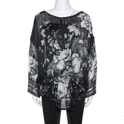 Roberto Cavalli Black Floral Print Silk Sheer Kaftan Blouse
