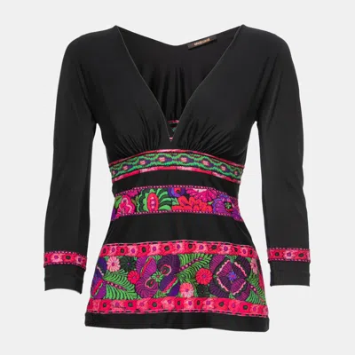 Pre-owned Roberto Cavalli Black Floral Printed Jersey V-neck Top S