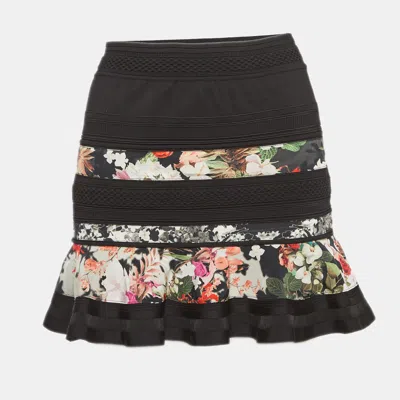 Pre-owned Roberto Cavalli Black Floral Printed Knit Flared Mini Skirt S