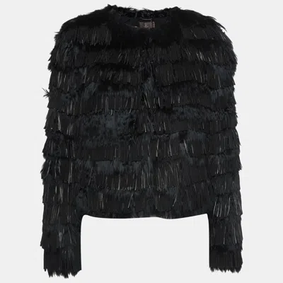 Pre-owned Roberto Cavalli Black Fur And Leather Fringe Long Sleeve Jacket M