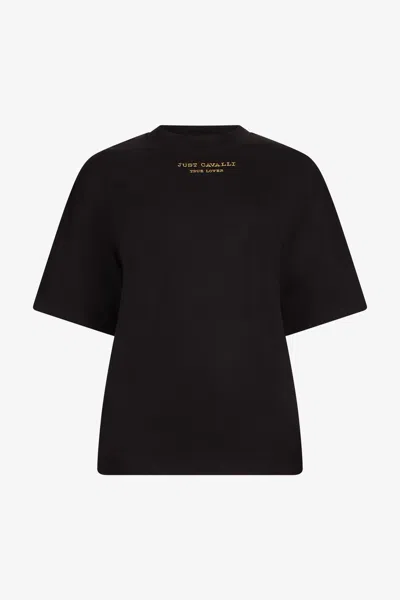 Roberto Cavalli Black High Neck T-shirt In Multi