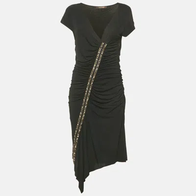 Pre-owned Roberto Cavalli Black Jersey Embellished Ruche Jersey Mini Dress L