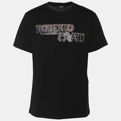 Pre-owned Roberto Cavalli Black Jersey Logo T-shirt L