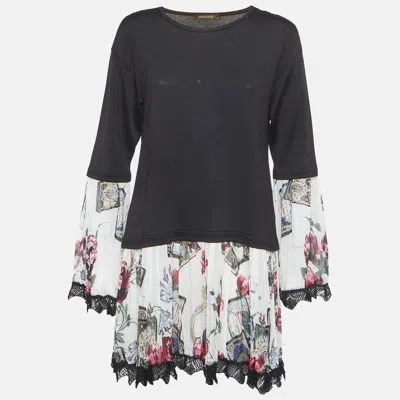 Roberto Cavalli Black Knit And Plisse Silk Mini Dress In Multi