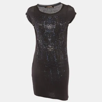 Pre-owned Roberto Cavalli Black Knit Bead Embellished Raw Edge Tunic S