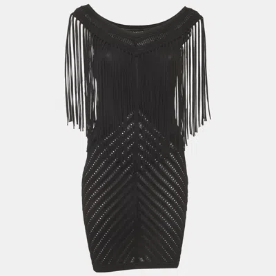 Pre-owned Roberto Cavalli Black Knit Fringed Sleeveless Mini Dress S