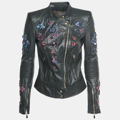Roberto Cavalli Black Leather Embellished Biker Jacket