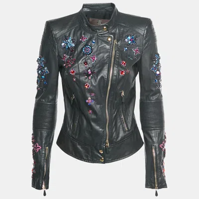 Pre-owned Roberto Cavalli Black Leather Embellished Biker Jacket S