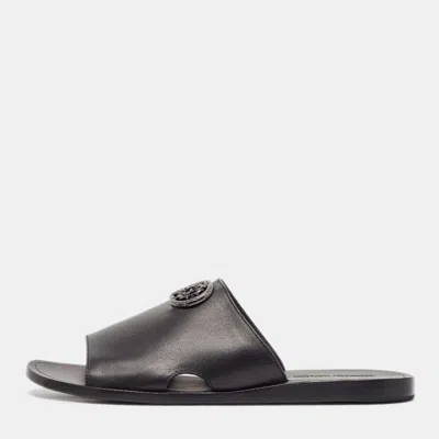 Pre-owned Roberto Cavalli Black Leather Logo Flat Slide Sandals Size 43