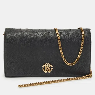 Pre-owned Roberto Cavalli Black Leather Rc Flap Wallet On Chain