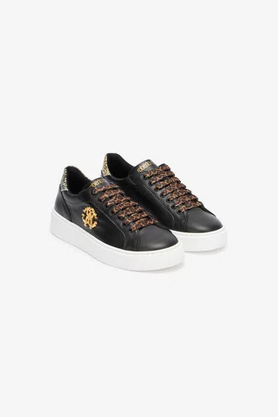 Roberto Cavalli Black Leather Sneaker With Monogram Rc