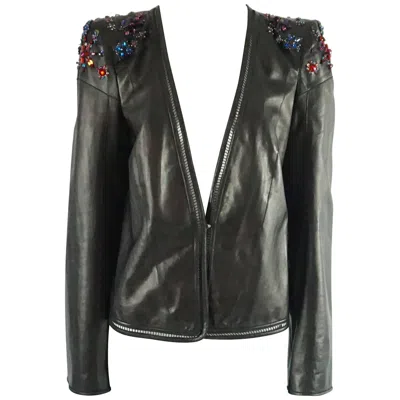 Pre-owned Roberto Cavalli Black Leather Stone And Sequin Embellished Jacket-size 44