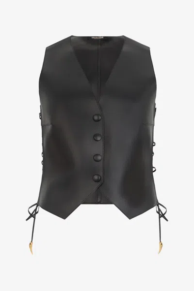 Roberto Cavalli Black Leather Vest With Lace-up Sides