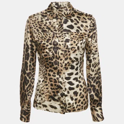 Pre-owned Roberto Cavalli Black Leopard Print Satin Silk Button Front Shirt M