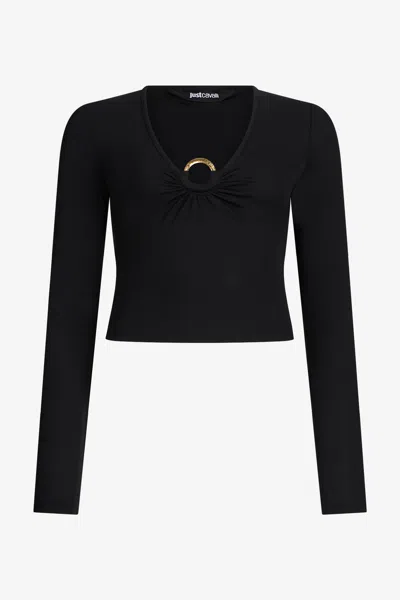 Roberto Cavalli Black Lurex Crop Top With Ring Detail