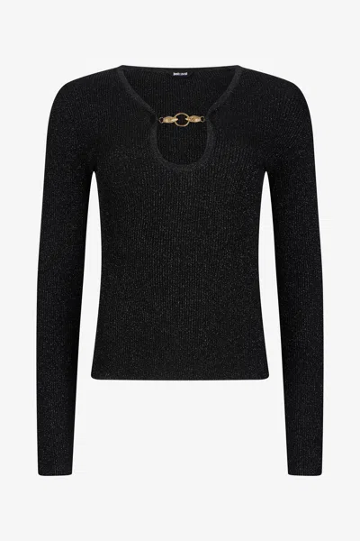 Roberto Cavalli Black Lurex Sweater With Snake Detail