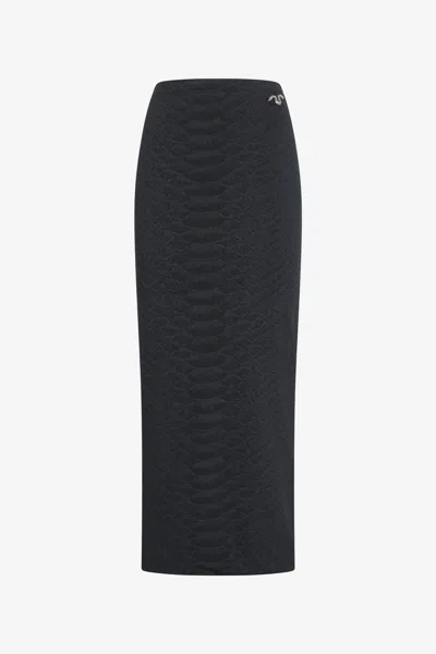 Roberto Cavalli Black Midi Skirt With Serpentine Print And Jewel Detail