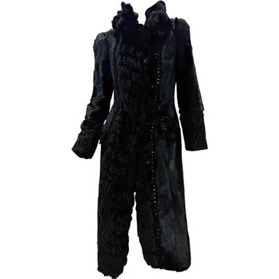 Pre-owned Roberto Cavalli Black Mixed Fur Coat W/ Knit Panels & Patent Leather Lacing