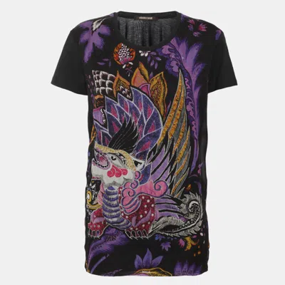 Pre-owned Roberto Cavalli Black Multicolor Printed Cotton And Chiffon Tops M